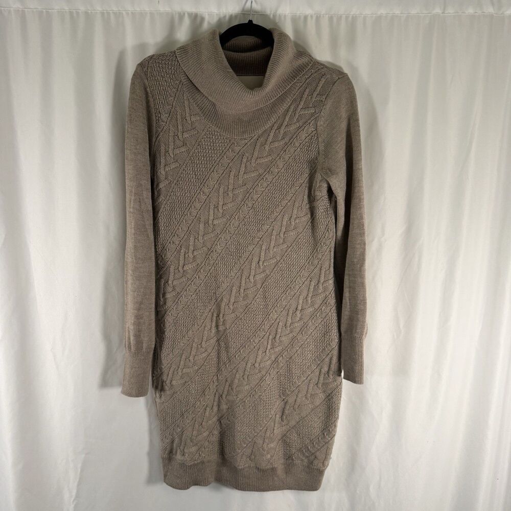 Banana Republic Heritage Sweater Dress WOmen's Medium Tan Brown Cowl NEck Cable